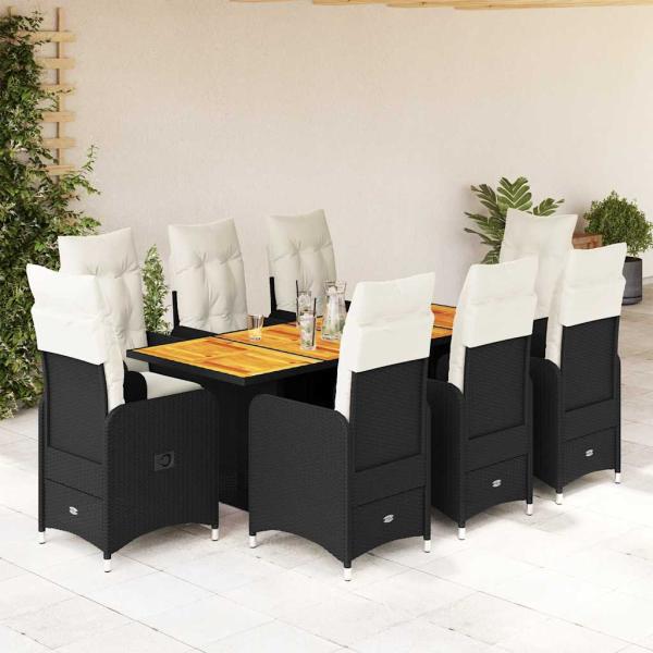ARDEBO.de - 9-tlg. Garten-Bistro-Set mit Kissen Schwarz Poly Rattan
