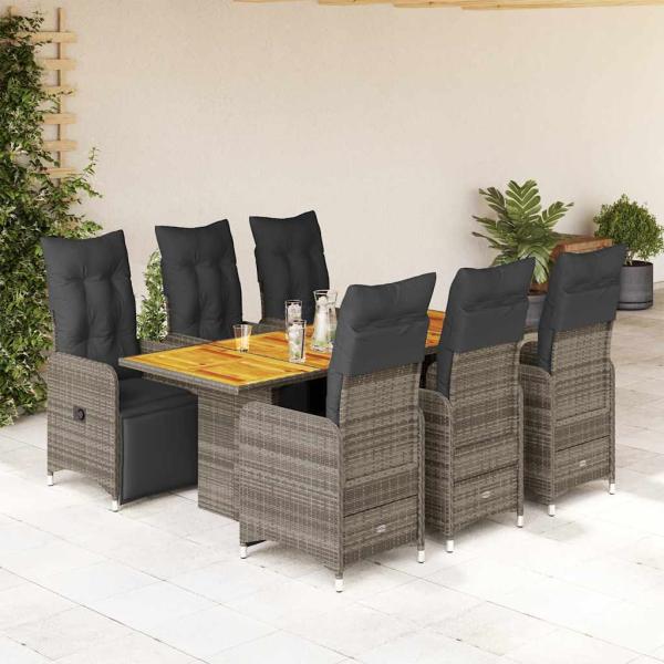 ARDEBO.de - 7-tlg. Garten-Bistro-Set mit Kissen Grau Poly Rattan