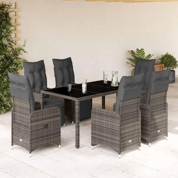 ARDEBO.de - 7-tlg. Garten-Bistro-Set mit Kissen Grau Poly Rattan
