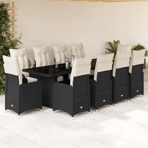 ARDEBO.de - 11-tlg. Garten-Bistro-Set mit Kissen Schwarz Poly Rattan