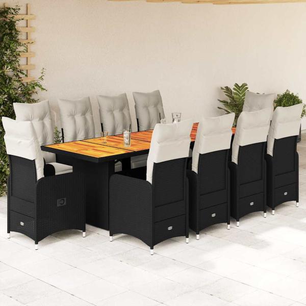 ARDEBO.de - 11-tlg. Garten-Bistro-Set mit Kissen Schwarz Poly Rattan