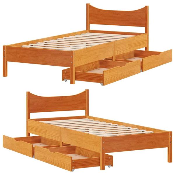 Massivholzbett mit Schubladen Wachsbraun 75x190 cm Kiefer
