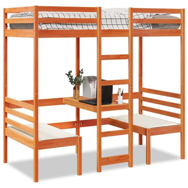 ARDEBO.de - Hochbett mit Schreibtisch & Stühlen Braun 75x190 cm Kiefernholz