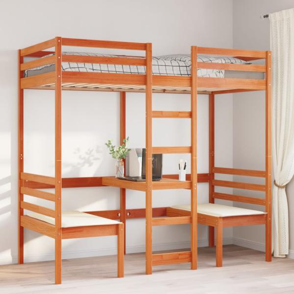Hochbett mit Schreibtisch & Stühlen Braun 75x190 cm Kiefernholz