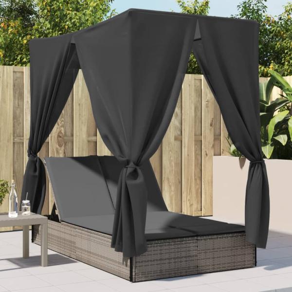 ARDEBO.de - Doppel-Sonnenliege mit Dach und Vorhängen Grau Poly Rattan
