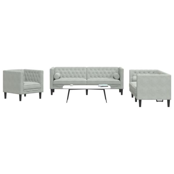 ARDEBO.de - 3-tlg. Chesterfield-Sofa-Set mit Nackenrollen Hellgrau Samt