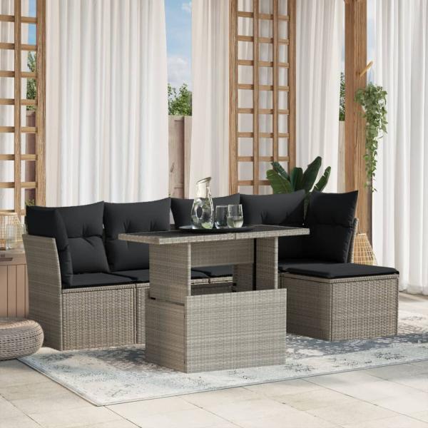 ARDEBO.de - 6-tlg. Garten-Sofagarnitur mit Kissen Hellgrau Poly Rattan