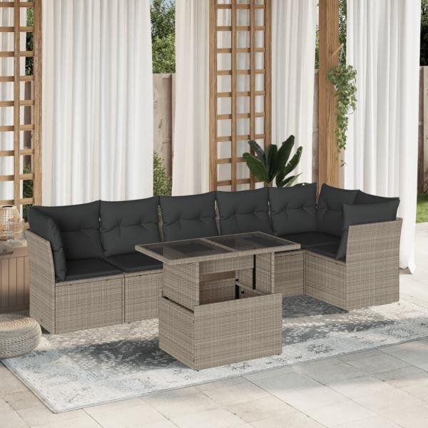 ARDEBO.de - 7-tlg. Garten-Sofagarnitur mit Kissen Hellgrau Poly Rattan