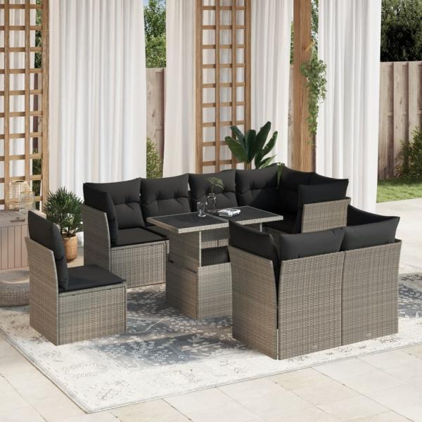 ARDEBO.de - 9-tlg. Garten-Sofagarnitur mit Kissen Hellgrau Poly Rattan
