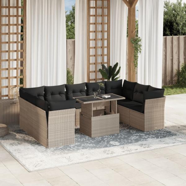 ARDEBO.de - 10-tlg. Garten-Sofagarnitur mit Kissen Hellgrau Poly Rattan