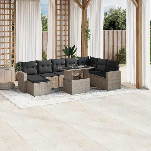 ARDEBO.de - 9-tlg. Garten-Sofagarnitur mit Kissen Hellgrau Poly Rattan