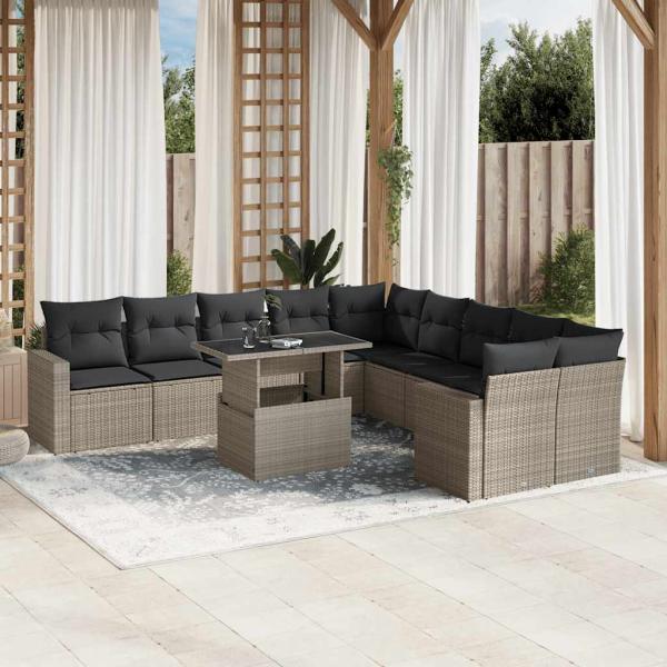 ARDEBO.de - 11-tlg. Garten-Sofagarnitur mit Kissen Hellgrau Poly Rattan