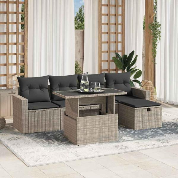 ARDEBO.de - 6-tlg. Garten-Sofagarnitur mit Kissen Hellgrau Poly Rattan
