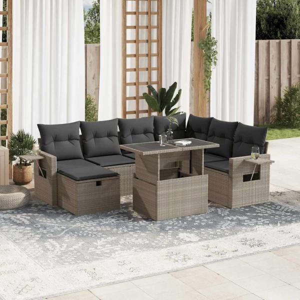 ARDEBO.de - 8-tlg. Garten-Sofagarnitur mit Kissen Hellgrau Poly Rattan