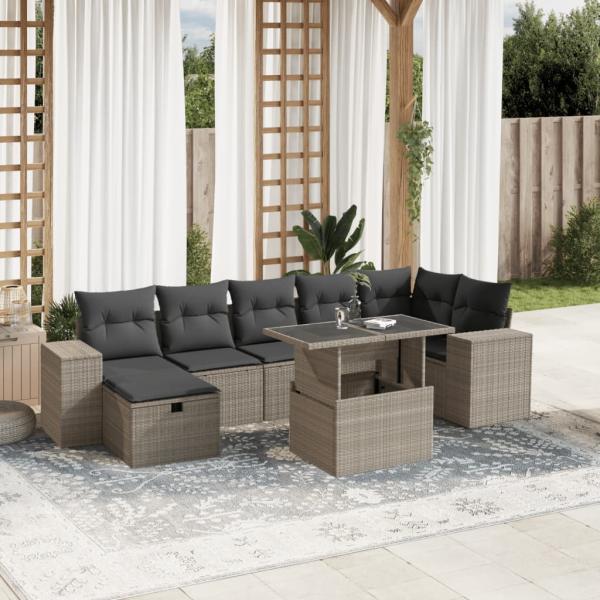 ARDEBO.de - 8-tlg. Garten-Sofagarnitur mit Kissen Hellgrau Poly Rattan