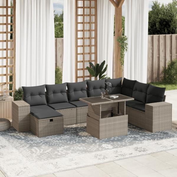 ARDEBO.de - 9-tlg. Garten-Sofagarnitur mit Kissen Hellgrau Poly Rattan