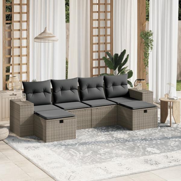 ARDEBO.de - 6-tlg. Garten-Sofagarnitur mit Kissen Hellgrau Poly Rattan