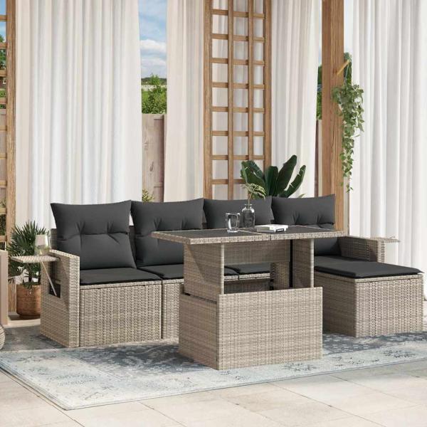 ARDEBO.de - 6-tlg. Garten-Sofagarnitur mit Kissen Hellgrau Poly Rattan