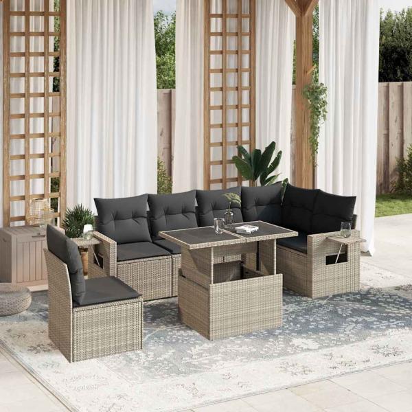ARDEBO.de - 7-tlg. Garten-Sofagarnitur mit Kissen Hellgrau Poly Rattan