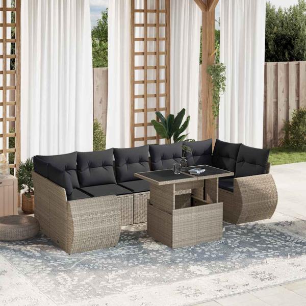 ARDEBO.de - 8-tlg. Garten-Sofagarnitur mit Kissen Hellgrau Poly Rattan