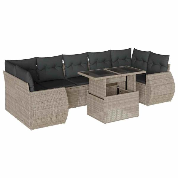 8-tlg. Garten-Sofagarnitur mit Kissen Hellgrau Poly Rattan