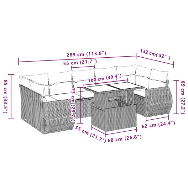8-tlg. Garten-Sofagarnitur mit Kissen Hellgrau Poly Rattan