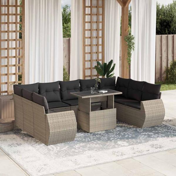ARDEBO.de - 10-tlg. Garten-Sofagarnitur mit Kissen Hellgrau Poly Rattan