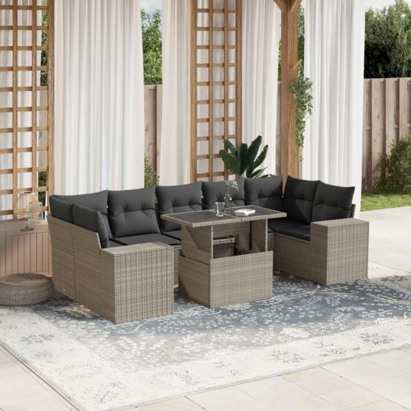 ARDEBO.de - 8-tlg. Garten-Sofagarnitur mit Kissen Hellgrau Poly Rattan