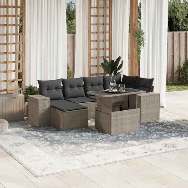 ARDEBO.de - 7-tlg. Garten-Sofagarnitur mit Kissen Hellgrau Poly Rattan