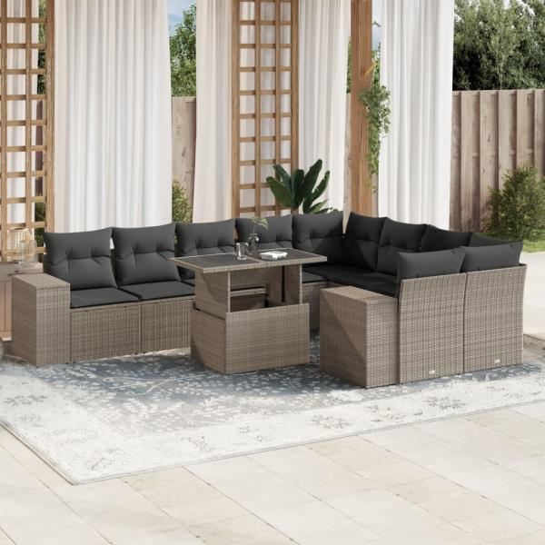ARDEBO.de - 10-tlg. Garten-Sofagarnitur mit Kissen Hellgrau Poly Rattan