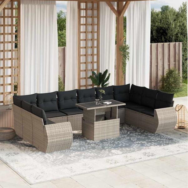 ARDEBO.de - 11-tlg. Garten-Sofagarnitur mit Kissen Hellgrau Poly Rattan