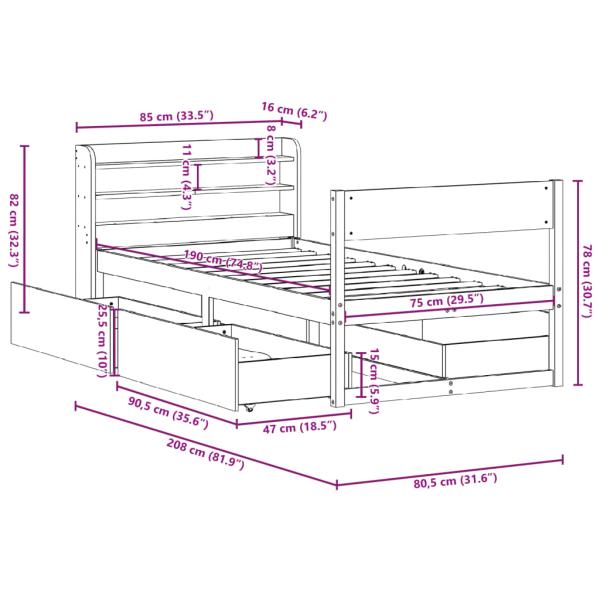 Massivholzbett ohne Matratze 75x190 cm Kiefernholz
