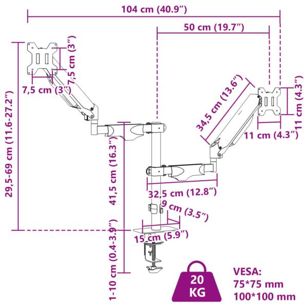 Doppel-Monitorarm für Max 27 Zoll VESA 75/100 mm 20 kg
