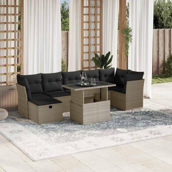 ARDEBO.de - 8-tlg. Garten-Sofagarnitur mit Kissen Hellgrau Poly Rattan