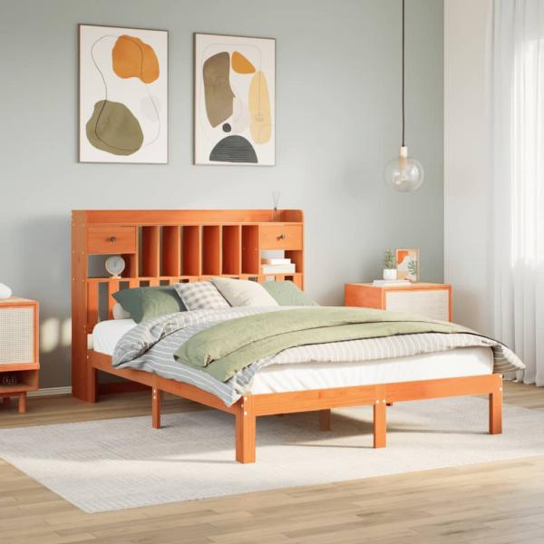 ARDEBO.de - Massivholzbett mit Regal ohne Matratze Wachsbraun 140x190 cm