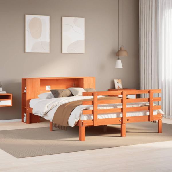 ARDEBO.de - Massivholzbett mit Regal ohne Matratze Wachsbraun 150x200 cm
