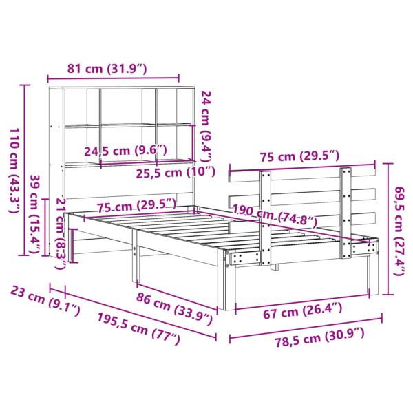 Massivholzbett mit Regal ohne Matratze Wachsbraun 75x190 cm