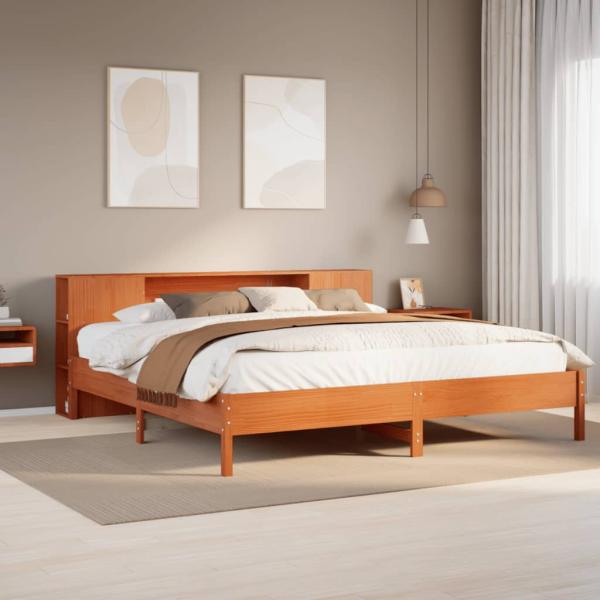 ARDEBO.de - Massivholzbett mit Regal ohne Matratze Wachsbraun 200x200 cm