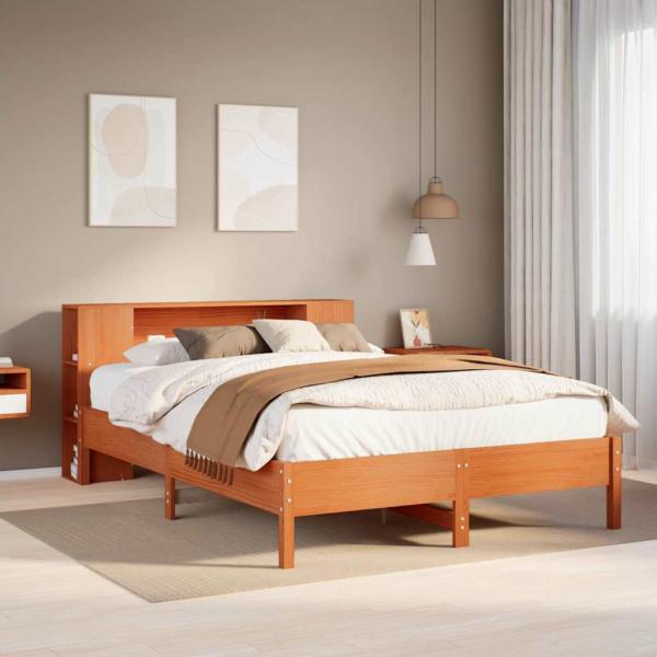 ARDEBO.de - Massivholzbett mit Regal ohne Matratze Wachsbraun 135x190 cm