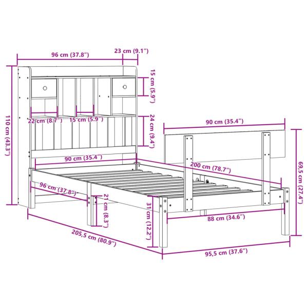 Massivholzbett mit Regal ohne Matratze Weiß 90x200 cm Kiefer