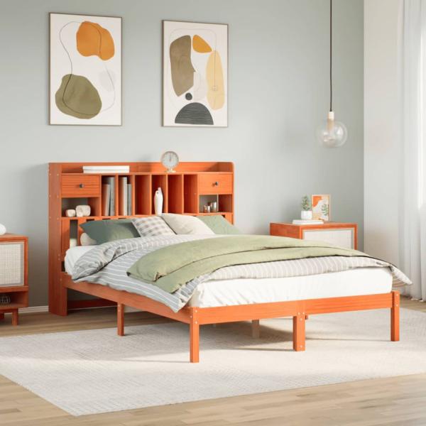 ARDEBO.de - Massivholzbett mit Regal ohne Matratze Wachsbraun 140x190 cm