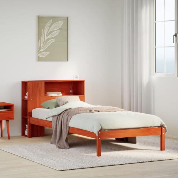 ARDEBO.de - Massivholzbett mit Regal ohne Matratze Wachsbraun 75x190 cm