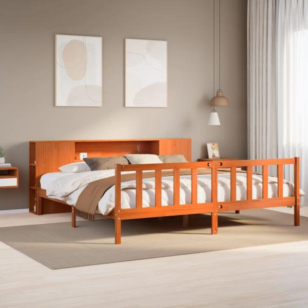 ARDEBO.de - Massivholzbett mit Regal ohne Matratze Wachsbraun 200x200 cm