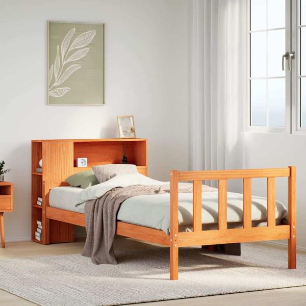 ARDEBO.de - Massivholzbett mit Regal ohne Matratze Wachsbraun 75x190 cm