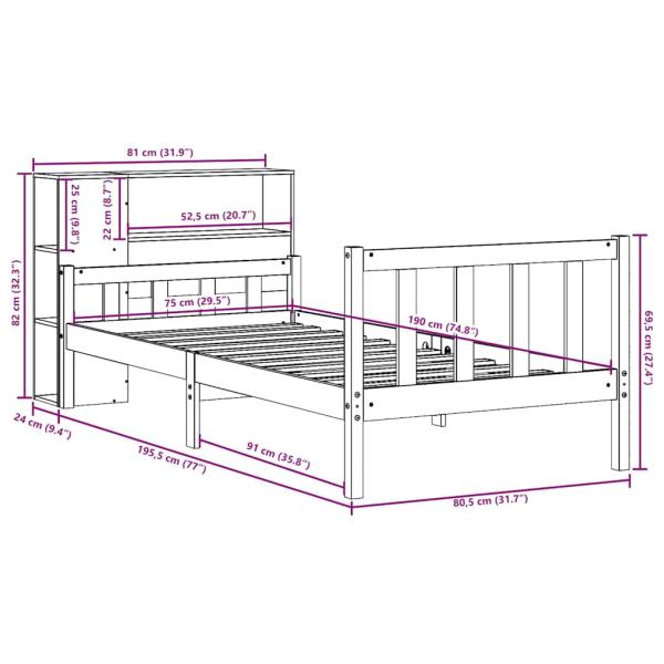 Massivholzbett mit Regal ohne Matratze Wachsbraun 75x190 cm