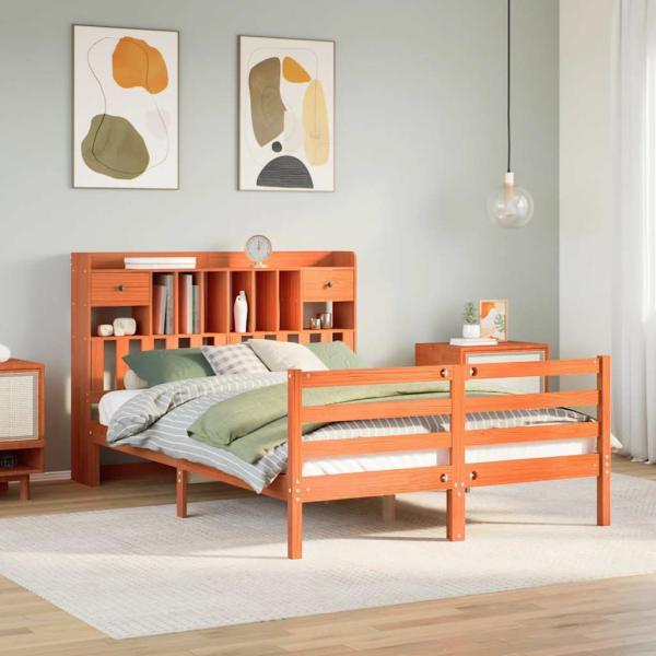 ARDEBO.de - Massivholzbett mit Regal ohne Matratze Wachsbraun 140x190 cm
