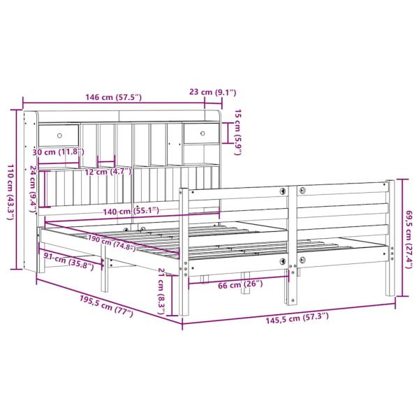 Massivholzbett mit Regal ohne Matratze Wachsbraun 140x190 cm