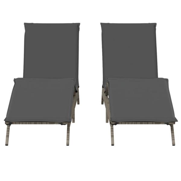 Sonnenliegen mit Auflagen 2 Stk. Grau Poly Rattan