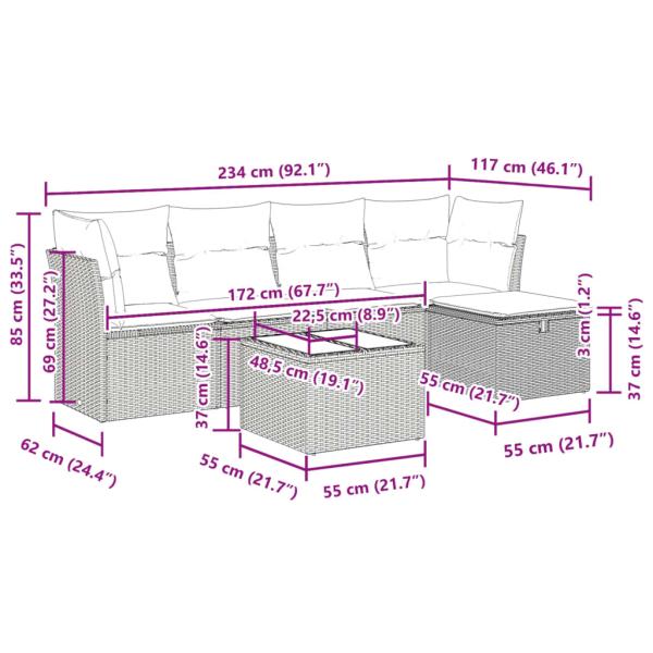 6-tlg. Garten-Sofagarnitur mit Kissen Schwarz Poly Rattan