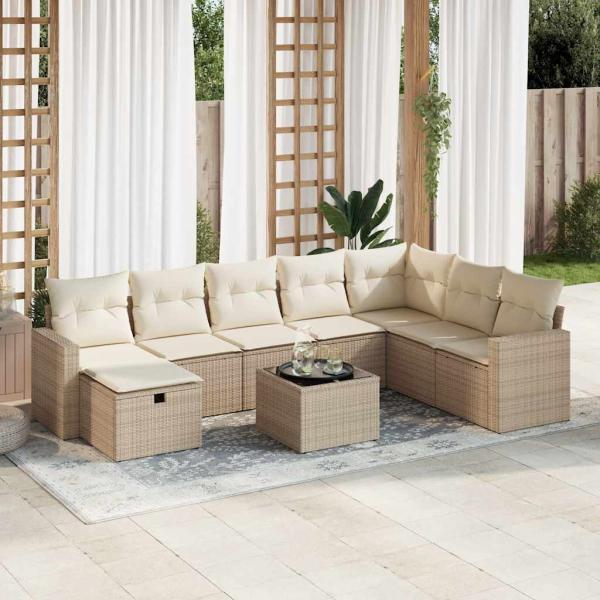 ARDEBO.de - 9-tlg. Garten-Sofagarnitur mit Kissen Beige Poly Rattan